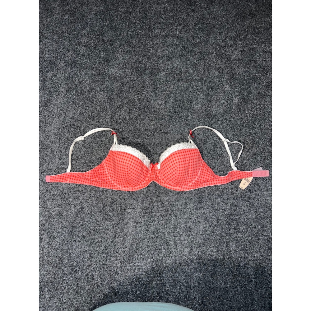 Victorias Secret Gingham Lace Trim Bra 36B Pink Orange 7339